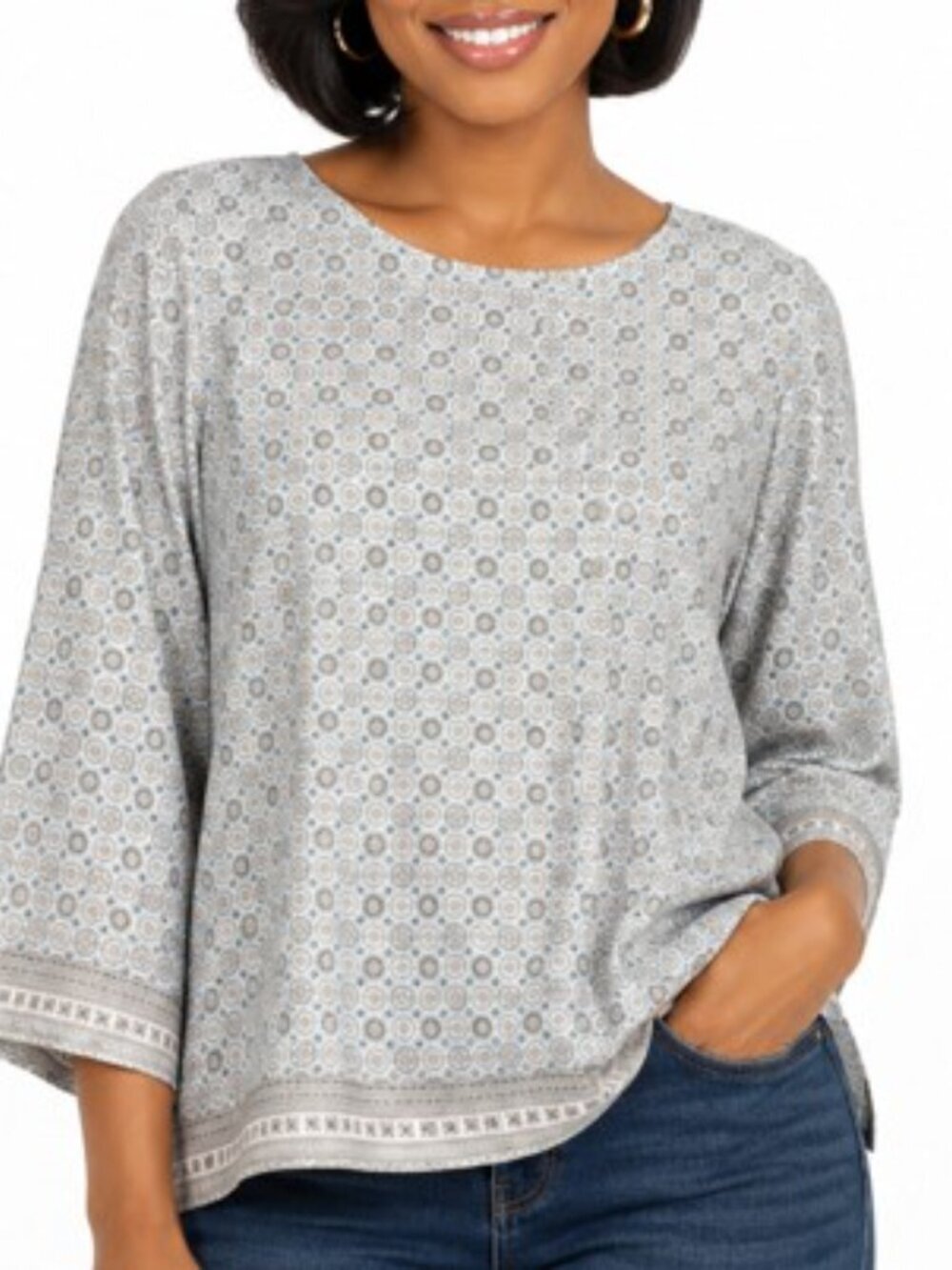Light Long Sleeve Top Blue White Gray Geometric Print Tunic Blouse Work Office
